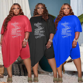 Plus Size Women's Printed Diagonal Neck Irregular Two Piece Suit