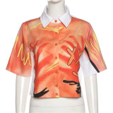 Fashion Digital Print Loose Cropped Single Breasted Lapel Short Sleeve Top