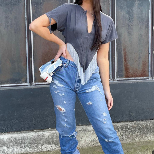Solid Color V-Neck Short Sleeve Sexy Slim Fit Fringe Top