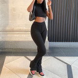 Round Collar Short Sleeve T-Shirt High Waist Casual Pants Suit Women