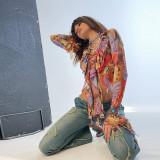 Women's sexy fungus edge stitching irregular long-sleeved low-cut printed lace-up top women