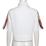 Fashion Digital Print Loose Cropped Single Breasted Lapel Short Sleeve Top