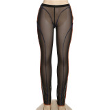 Fashion Contrast Color Thread Sexy Mesh Perspective High Waist Tight Casual Pants