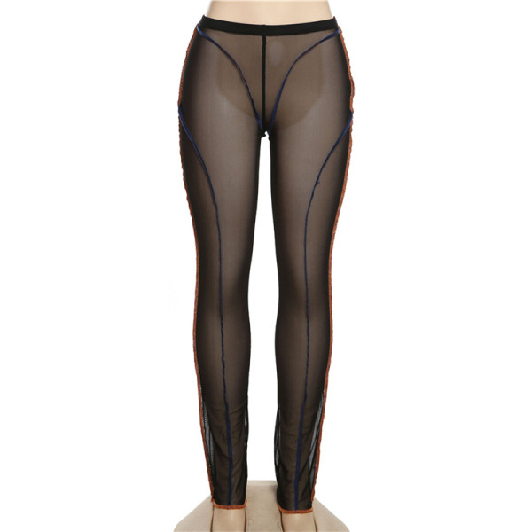 Fashion Contrast Color Thread Sexy Mesh Perspective High Waist Tight Casual Pants