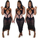 Mesh-paneled off-the-shoulder sleeveless slip dress