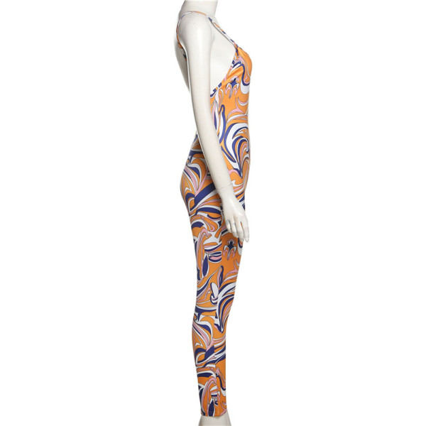Women's Fashion Printed Backless Sling High Waist Bodysuit