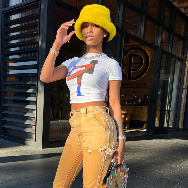 Printed Round Neck Cropped Navel Short Sleeve Casual T-Shirt Top Women