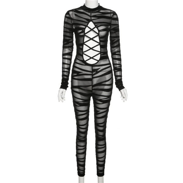 Sexy Mesh Hollow See-Through Flocking High Waist Bodysuit