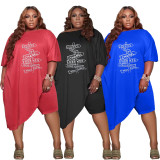 Plus Size Women's Printed Diagonal Neck Irregular Two Piece Suit