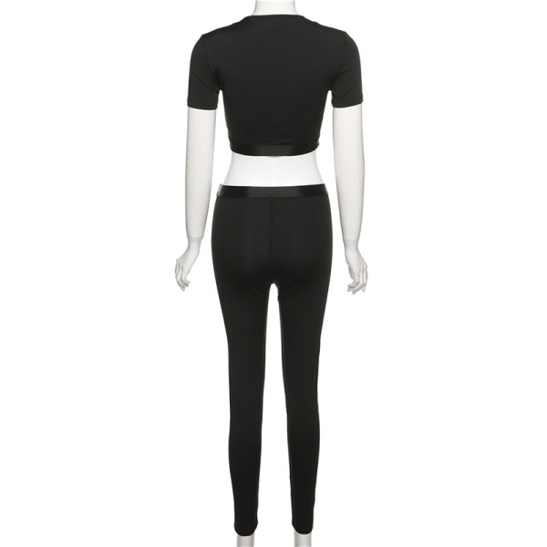 Fashion Embroidered Slim Navel Top High Waist Tight Pants Suit Women