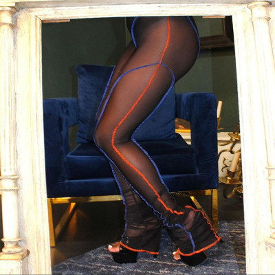 Fashion Contrast Color Thread Sexy Mesh Perspective High Waist Tight Casual Pants