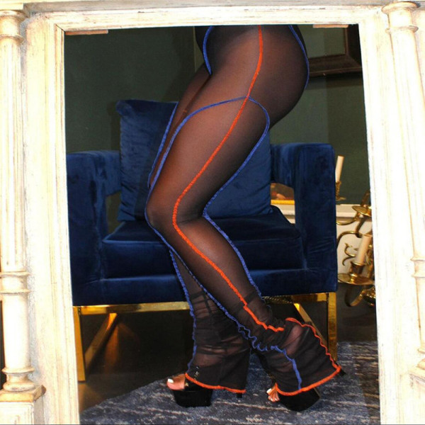 Fashion Contrast Color Thread Sexy Mesh Perspective High Waist Tight Casual Pants