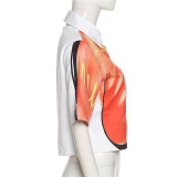Fashion Digital Print Loose Cropped Single Breasted Lapel Short Sleeve Top