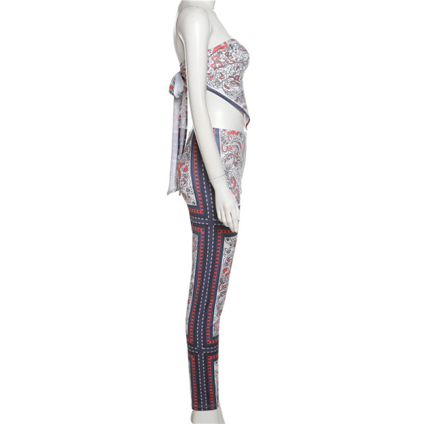 Digitally Printed Sexy Wrap Bust Open Back Top Hip Lift Tight Tracksuit