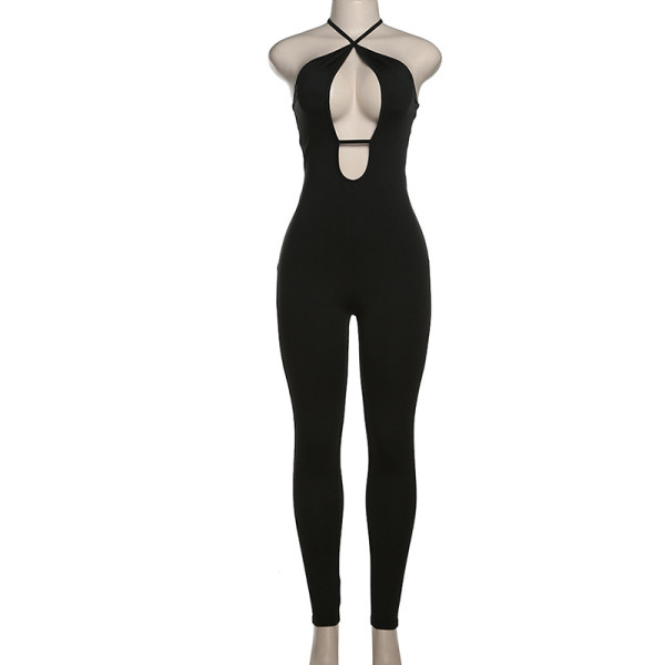 Women's Sexy Low Cut Halter Neck Tight High Waist Hip Raise Hollow Sports Jumpsuit