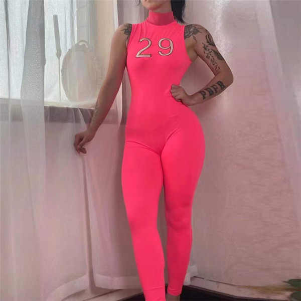 Fashion Letter Embroidered Sleeveless High Waist Skinny Athleisure Jumpsuit