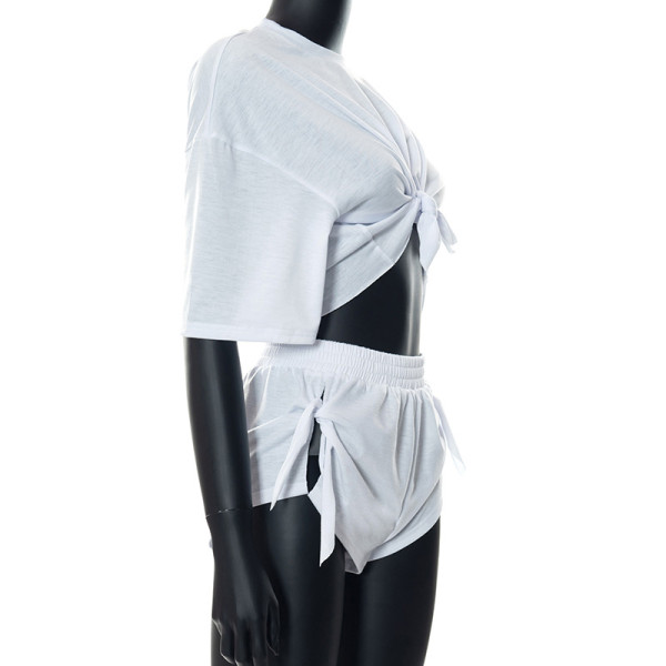 Round Neck Short Sleeve T-Shirt High Waist Casual Side Tie Shorts Set