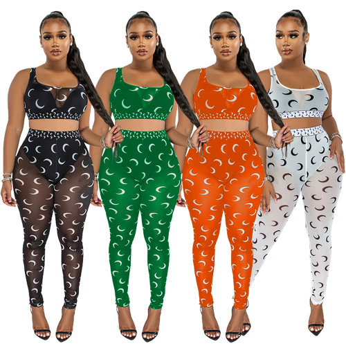 Sexy printed suspender top and see-through slim pencil pants two-piece set for women