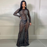 Perspective Mesh Hot Diamond Long Evening Dress Women's Dresses