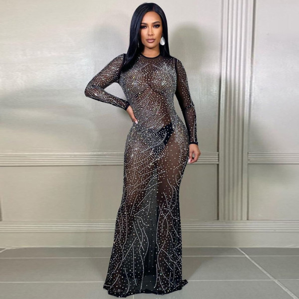 Perspective Mesh Hot Diamond Long Evening Dress Women's Dresses