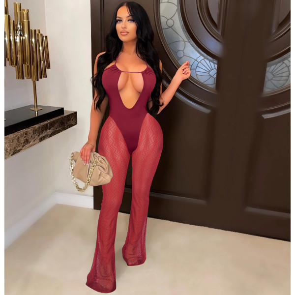 Mesh + milk silk nightclub halter neck perspective mesh sexy jumpsuit