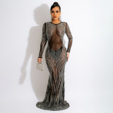 Mesh Hot Drilling Tight Perspective Long Evening Dress Women's Dresses