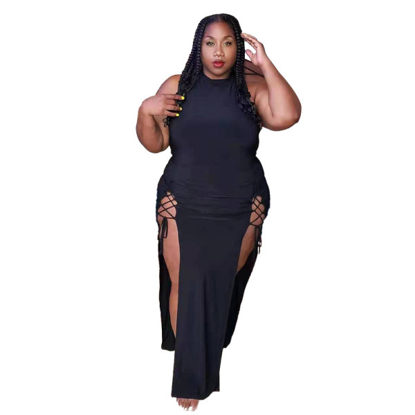 Temperament High Waist Hollow Lace Up Long Oversized Dress