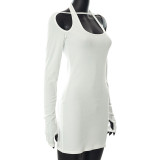 Solid Color Long Sleeve Halter Pack Hip Dress