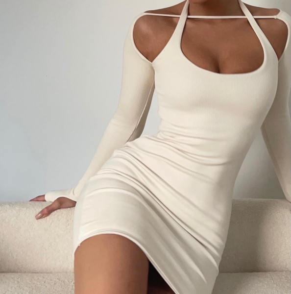 Solid Color Long Sleeve Halter Pack Hip Dress