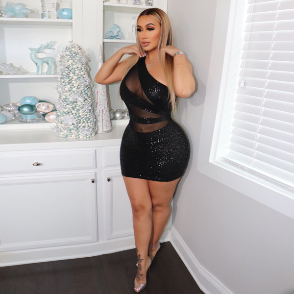 Sequin stitching mesh see-through tight sexy plus size women's dress