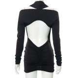 Solid color long-sleeved V-neck halterneck pleated new dress