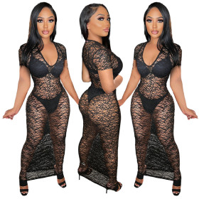 Night show women's sexy see-through short-sleeved hip dress