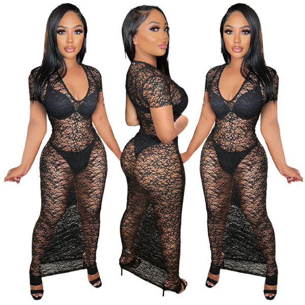 Night show women's sexy see-through short-sleeved hip dress