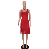 Fashionable and sexy solid color fringed suspender skirt