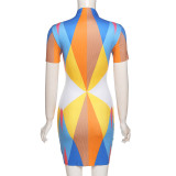 Fashion Multicolor Printing and Dyeing Short Sleeve Slim Fit Hip Dress