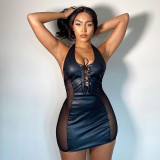 Sexy Halter Mesh Panel PU Leather Body Dress
