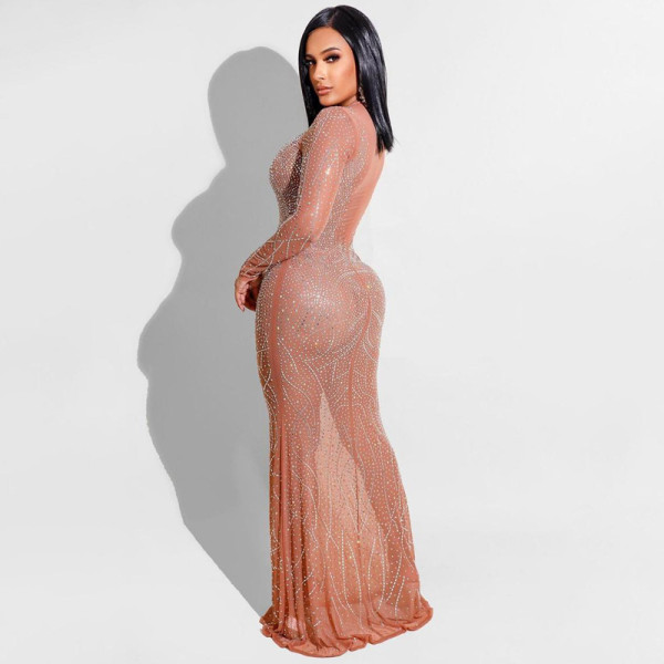 Perspective Mesh Hot Diamond Long Evening Dress Women's Dresses