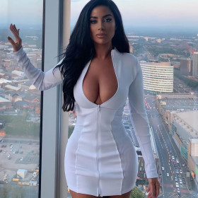 Sexy stand-up collar long-sleeved stitching package hip dress