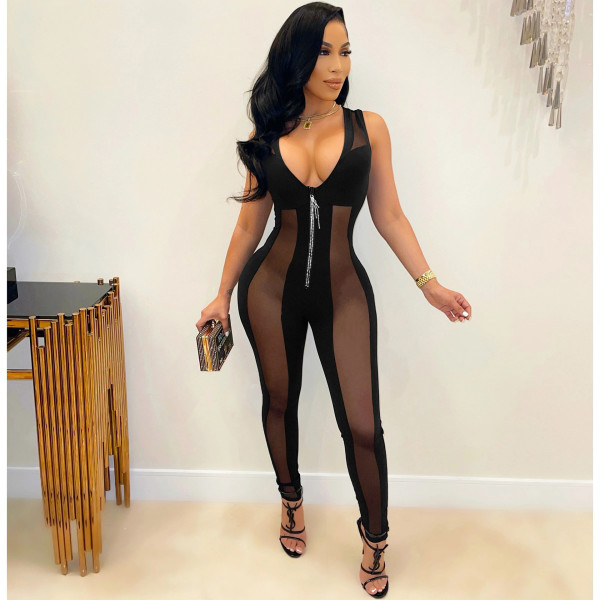 Solid color mesh stitching sexy deep V hollow perspective masonry zipper sleeveless jumpsuit