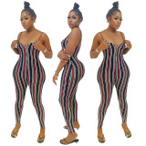 Stylish Vertical Stripe Print Suspender Jumpsuit