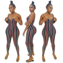 Stylish Vertical Stripe Print Suspender Jumpsuit