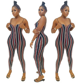 Stylish Vertical Stripe Print Suspender Jumpsuit