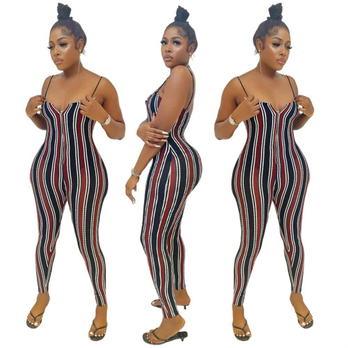 Stylish Vertical Stripe Print Suspender Jumpsuit