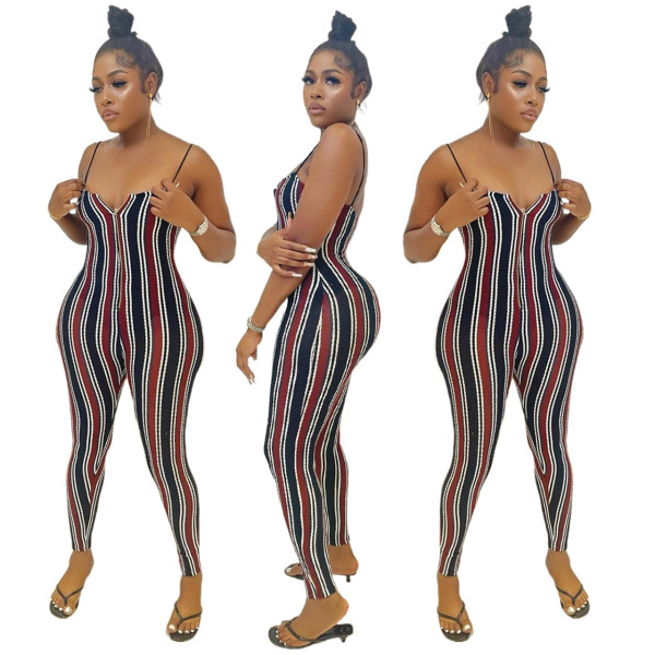 Stylish Vertical Stripe Print Suspender Jumpsuit