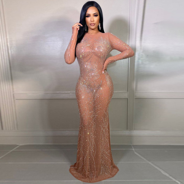Perspective Mesh Hot Diamond Long Evening Dress Women's Dresses