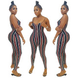 Stylish Vertical Stripe Print Suspender Jumpsuit