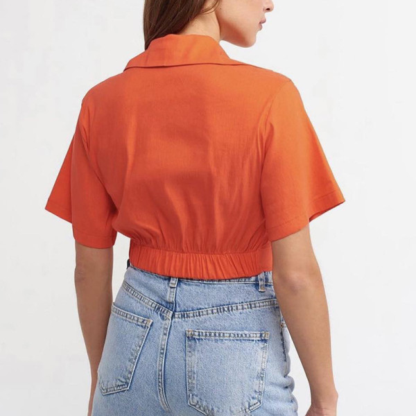 Solid Color Lapel Pullover Short Sleeve Cropped Navel Fashion Casual Top