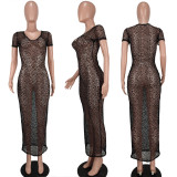 Night show women's sexy see-through short-sleeved hip dress