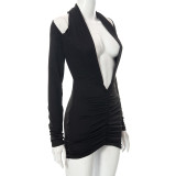 Solid color long-sleeved V-neck halterneck pleated new dress