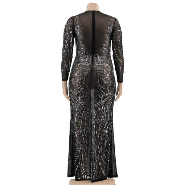Perspective Mesh Hot Diamond Long Evening Dress Women's Dresses